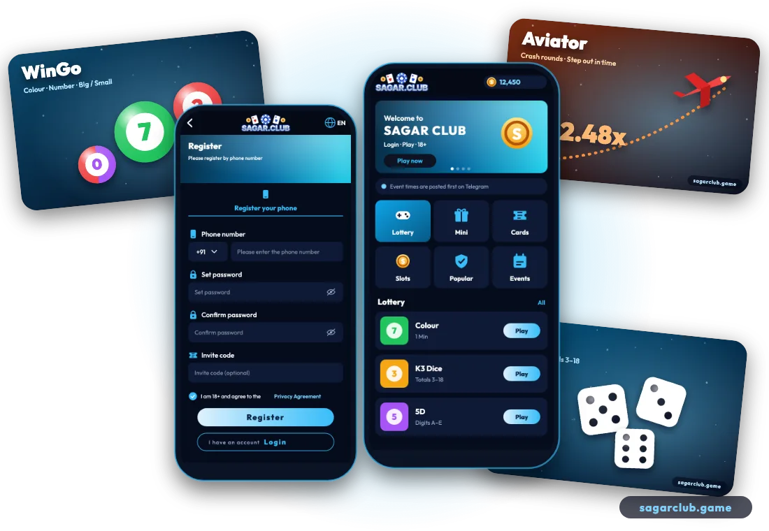Sagar Club app screens and games
